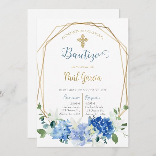 Invitación de bautismo floral azul en español invi einladung (Vorne/Hinten)