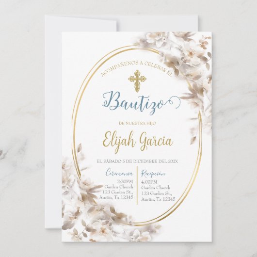 Invitación de bautismo floral blanca en español einladung (Vorderseite)