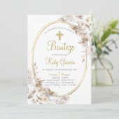 Invitación de bautismo floral blanca en español einladung (Stehend Vorderseite)