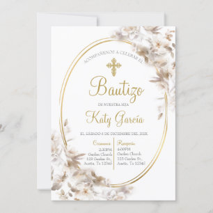 Invitación de bautismo floral blanca en español einladung