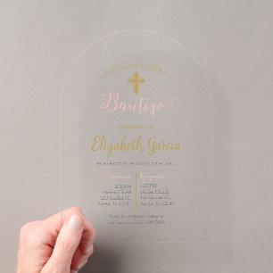 Invitación de bautismo floral rosa en español acryleinladungen