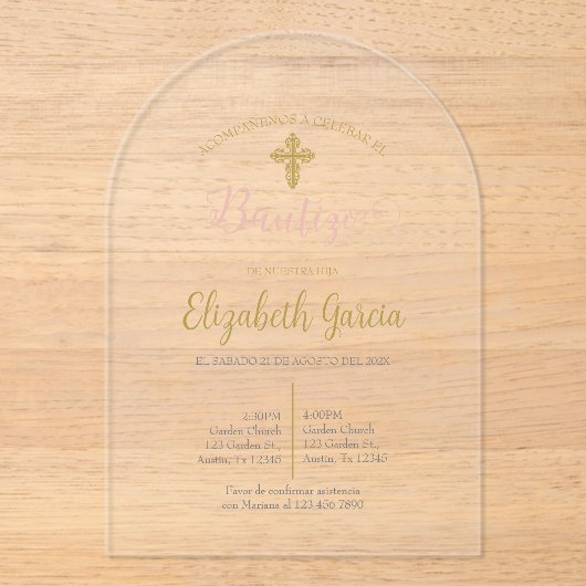 Invitación de bautismo floral rosa en español acryleinladungen (Vorderseite)