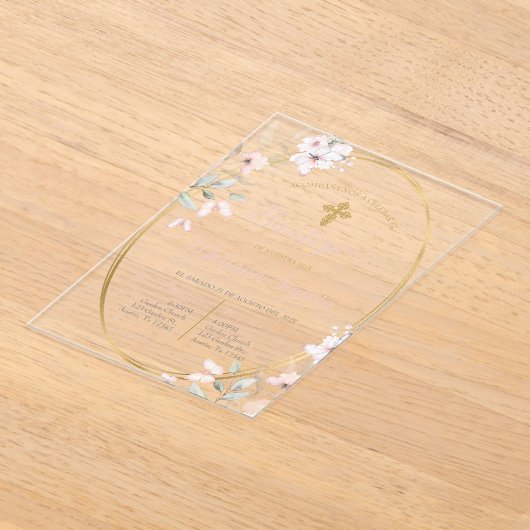 Invitación de bautismo floral rosa en español acryleinladungen (Ablage )