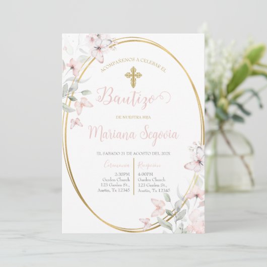 Invitación de bautismo floral rosa en español einladung (Stehend Vorderseite)