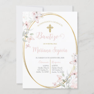Invitación de bautismo floral rosa en español einladung