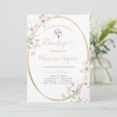 Invitación de bautismo floral rosa en español invi einladung (Stehend Vorderseite)
