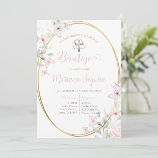 Invitación de bautismo floral rosa en español invi einladung (Stehend Vorderseite)