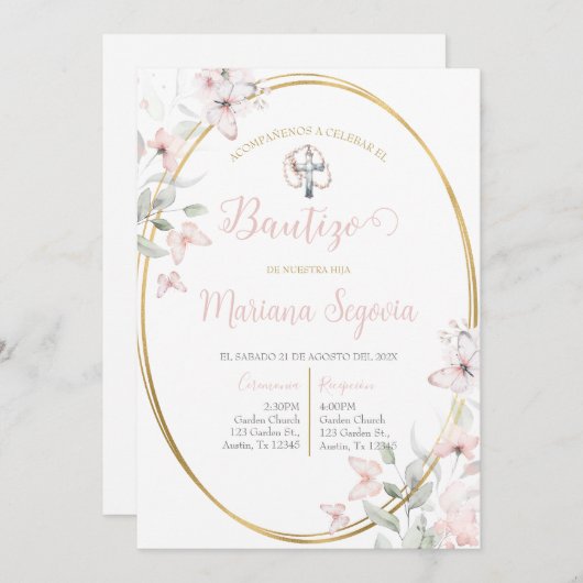 Invitación de bautismo floral rosa en español invi einladung (Vorne/Hinten)