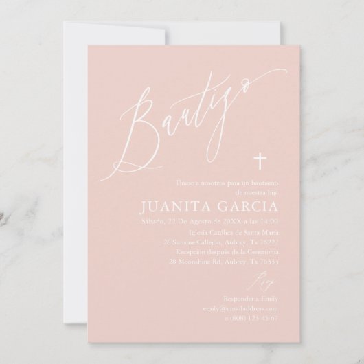 Invitación de bautizo de niña rosa polvorienta einladung (Vorderseite)