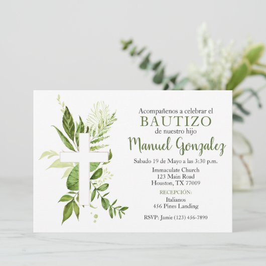 Invitación de Bautizo de Niño Verde con Cruz Einladung (Stehend Vorderseite)
