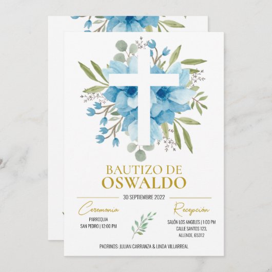 Invitación de bautizo flores azul y verde einladung (Vorne/Hinten)