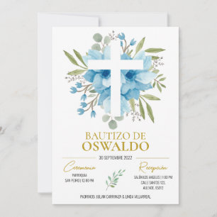 Invitación de bautizo flores azul y verde einladung