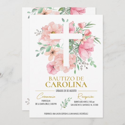 Invitación de bautizo flores rosas einladung (Vorne/Hinten)