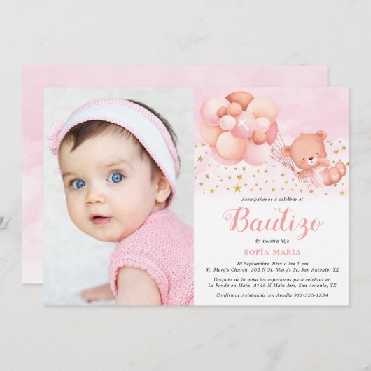 Invitación de Bautizo para Niña con Foto Taufe Einladung (Vorne/Hinten)