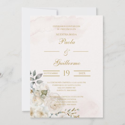 Invitación de boda beige con flor blanca einladung (Vorderseite)