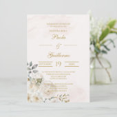 Invitación de boda beige con flor blanca einladung (Stehend Vorderseite)