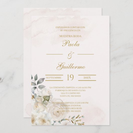 Invitación de boda beige con flor blanca einladung (Vorne/Hinten)