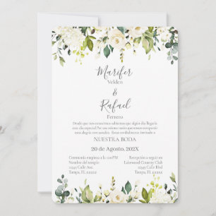 Invitación de boda con hojas verde y rosas blancas einladung