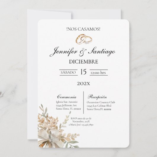 Invitación de boda con ramo y anillo einladung (Vorderseite)