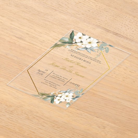 Invitacion de boda en espanol con flor blanca acryleinladungen (Ablage )