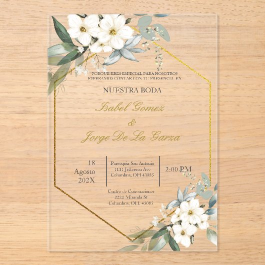 Invitacion de boda en espanol con flor blanca acryleinladungen (Vorderseite)