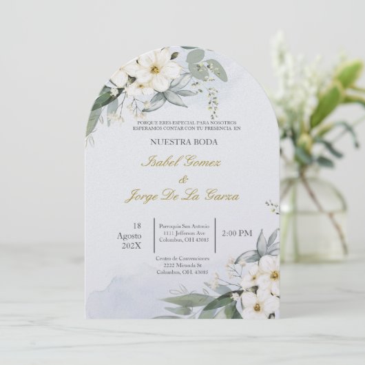 Invitacion de boda en espanol con flor blanca einladung (Stehend Vorderseite)