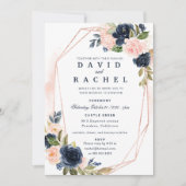 Invitación de boda floral azul marino sonrojado einladung (Vorderseite)