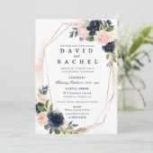 Invitación de boda floral azul marino sonrojado einladung (Stehend Vorderseite)