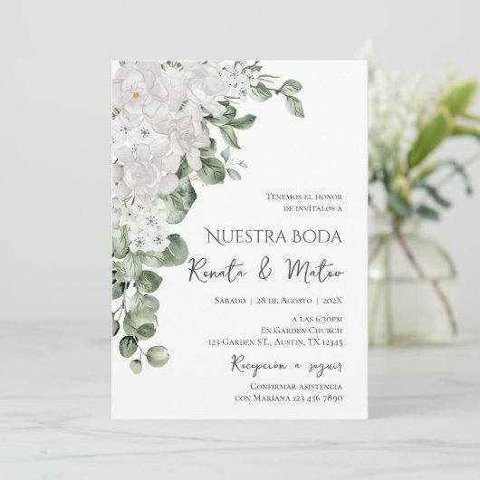 Invitación de Boda Flores Blanca y Verdes Einladung (Stehend Vorderseite)