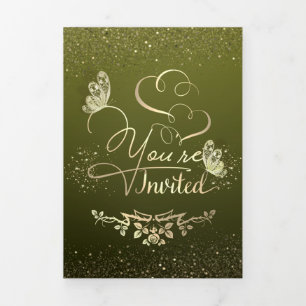 Invitación de boda verde con purpurina dreifach gefaltete einladung