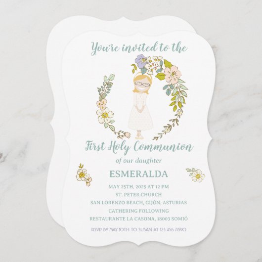 Invitación de Comunión ESMERALDA Einladung (Vorne/Hinten)