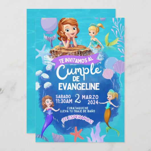 Invitación de cumpleaños de la princesa Sofia. Einladung (Vorne/Hinten)