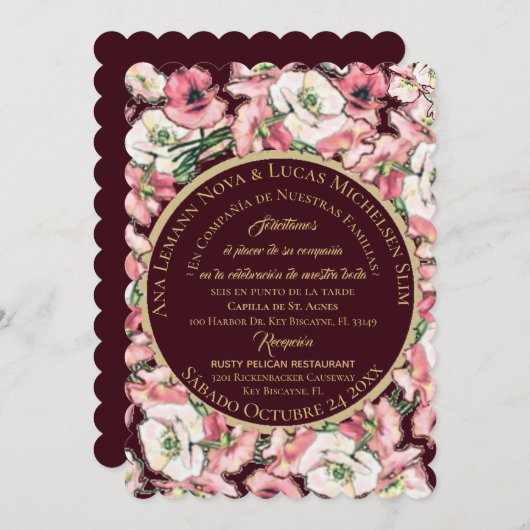 Invitación de Matrimonio Floral Rosa-Rubor Borgoña Einladung (Vorne/Hinten)