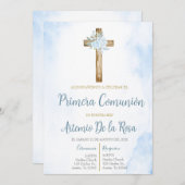 Invitación de primera comunión floral azul einladung (Vorne/Hinten)