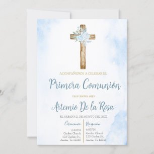 Invitación de primera comunión floral azul einladung