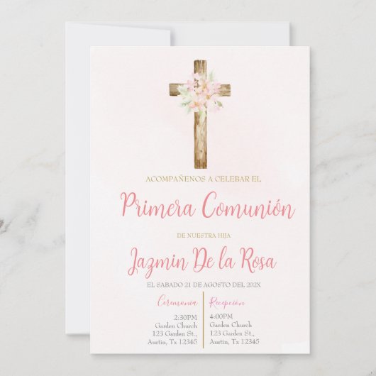 Invitación de primera comunión floral rosa einladung (Vorderseite)