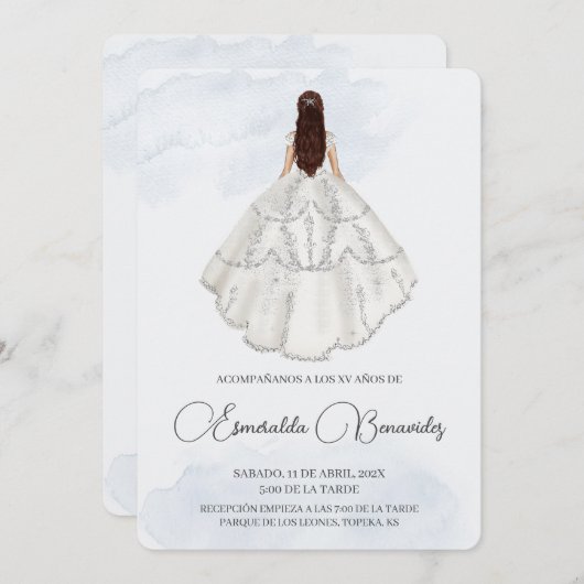 Invitación de quinceñera con vestido blanco einladung (Vorne/Hinten)