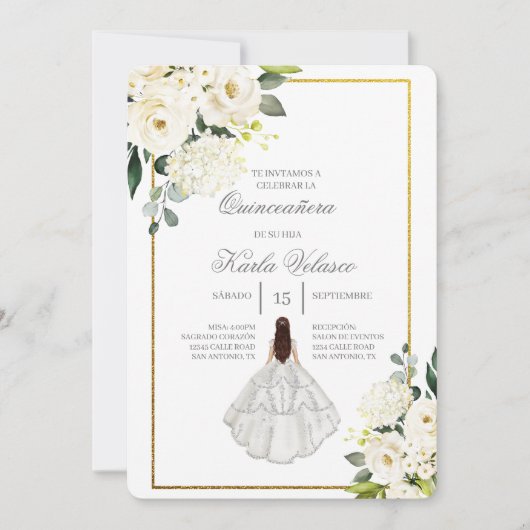 Invitación de quinceñera con vestido blanco einladung (Vorderseite)