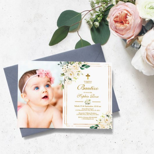 Invitación de Rosas Blancas para Bautizo Einladung