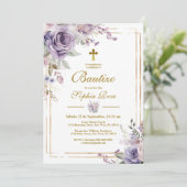 Invitación de Rosas Moradas para Bautizo Einladung (Stehend Vorderseite)