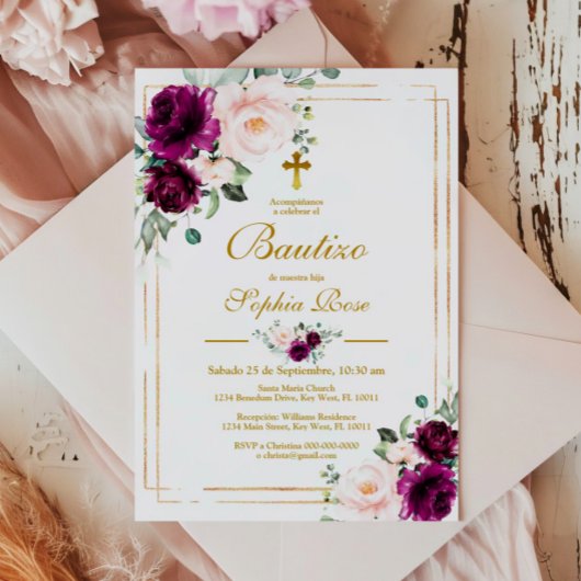 Invitación de Rosas Moradas para Bautizo Einladung