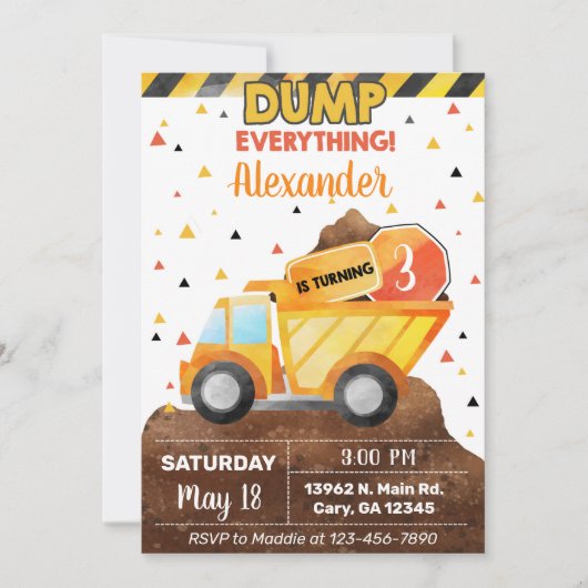 Invitación Dump alles, LKW-Junge Geburtstag inv Einladung (Vorderseite)