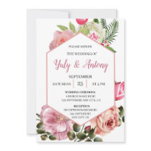 Invitación elegante de boda floral rosa con blanco
