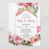 Invitación elegante de boda floral rosa con blanco einladung (Vorne/Hinten)