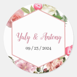 Invitación elegante de boda floral rosa con blanco runder aufkleber