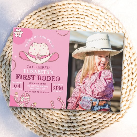 Invitación First Rodeo Birthday Girl Pink and whit Einladung