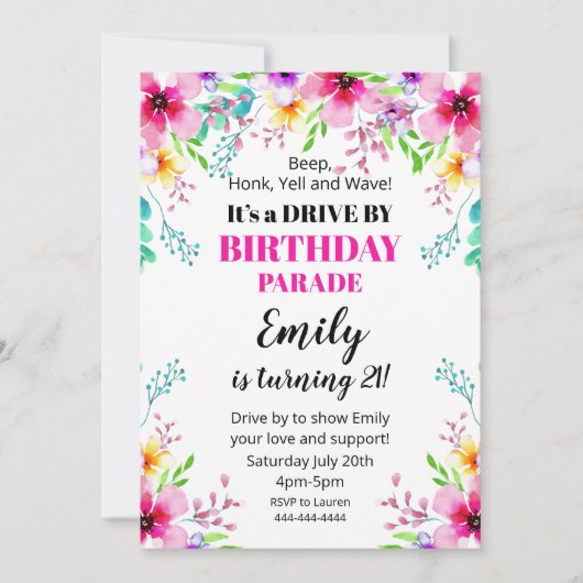 Invitación Floral Birthday Drive By Parade Invitat Einladung (Vorderseite)