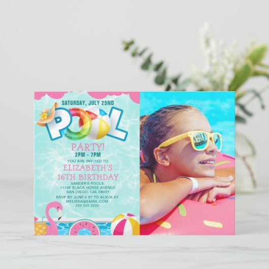 Invitación Girls Pool Party Birthday – Pink & Teal Einladung (Stehend Vorderseite)
