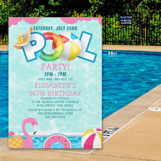 Invitación Girls Pool Party Birthday – Pink & Teal Einladung