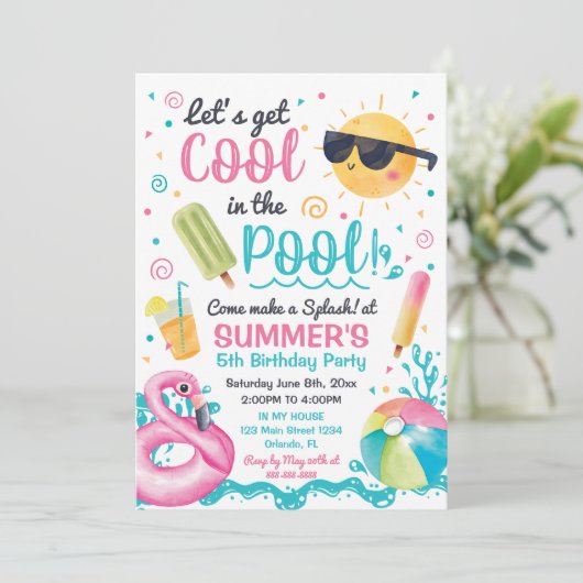 Invitación Let's get cool in the Pool birthday inv Einladung (Stehend Vorderseite)
